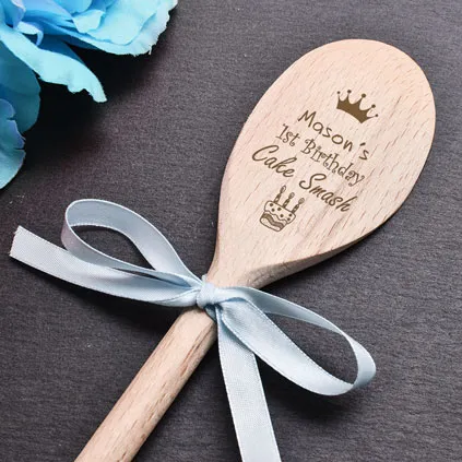 Personalised 1st Birthday Cake Smash Wooden Spoon - Blue Ribbon